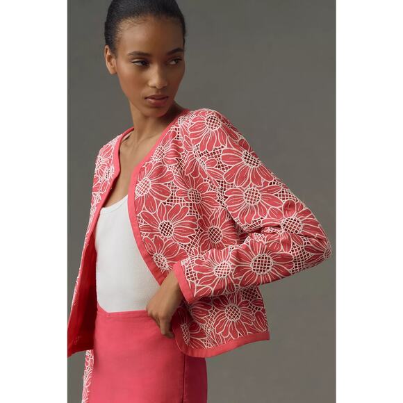 Anthropologie NWT Dolan Pink & White Linen Cutwork Jacket Size M - Picture 3 of 10